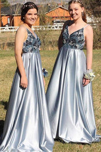 A-Line Spaghetti Straps Backless Blue Popular Prom Dress with Beading,Bridesmaid Dresses
