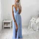 Sky Blue Chiffon Long V Neck Spaghetti Straps Simple Prom Dresses PFP0181