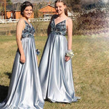 A-Line Spaghetti Straps Backless Blue Popular Prom Dress with Beading,Bridesmaid Dresses PFP0685