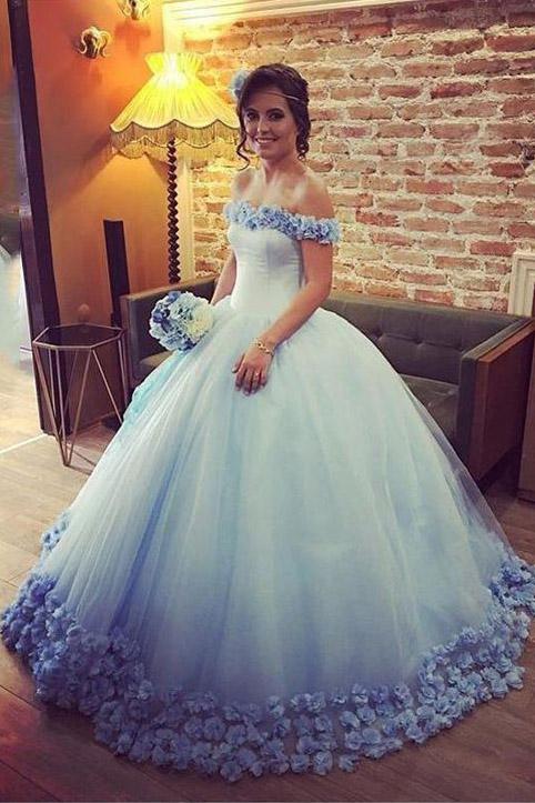 Off the Shoulder Tulle Flowers Ball Gown Prom Dress,Cheap Blue Quinceanera Dresses
