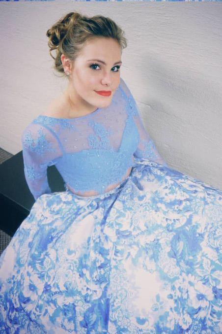 Two Piece Prom Dresses With Long Sleeves, White Blue Printed Prom Dresses