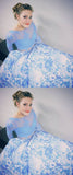 Two Piece Prom Dresses With Long Sleeves, White Blue Printed Prom Dresses PFP0687