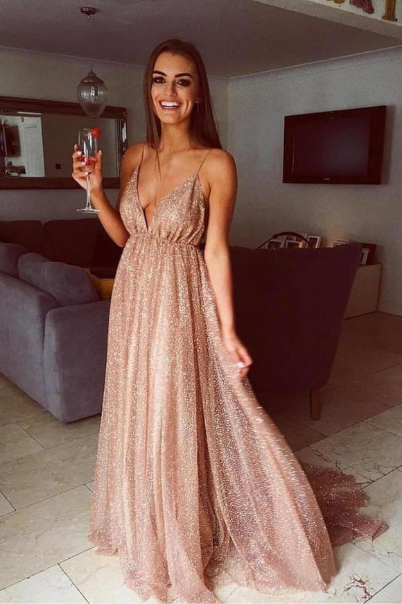 Sexy Sparkly Sequins Spaghetti Strap Prom Dresses V Neck Formal Evening Dress