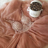 A Line Dusty Rose Long Tulle Prom Dresses Beading Bodice V Neck Formal Dress PFP0689
