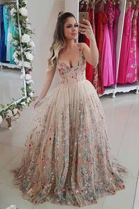 Spaghetti Strap A Line Floral Embroidery Prom Dresses Long Formal Party Dress 