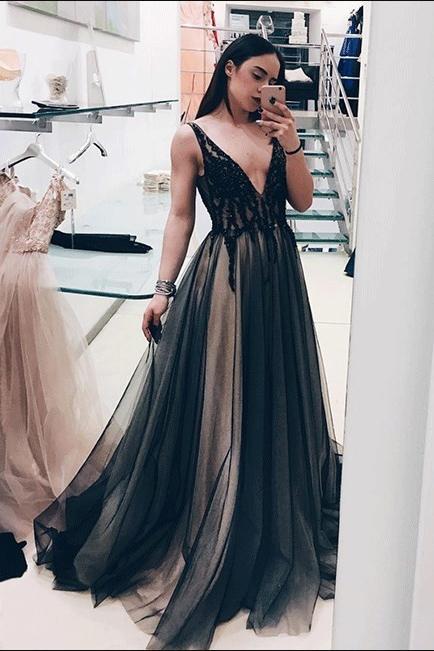 Black Deep V Neck A Line Prom Dresses,Long Tulle Evening Dress PFP0187 Promfast Black Deep V Neck A Line Prom Dresses,Long Tulle Evening Dress PFP0187 Promfast
