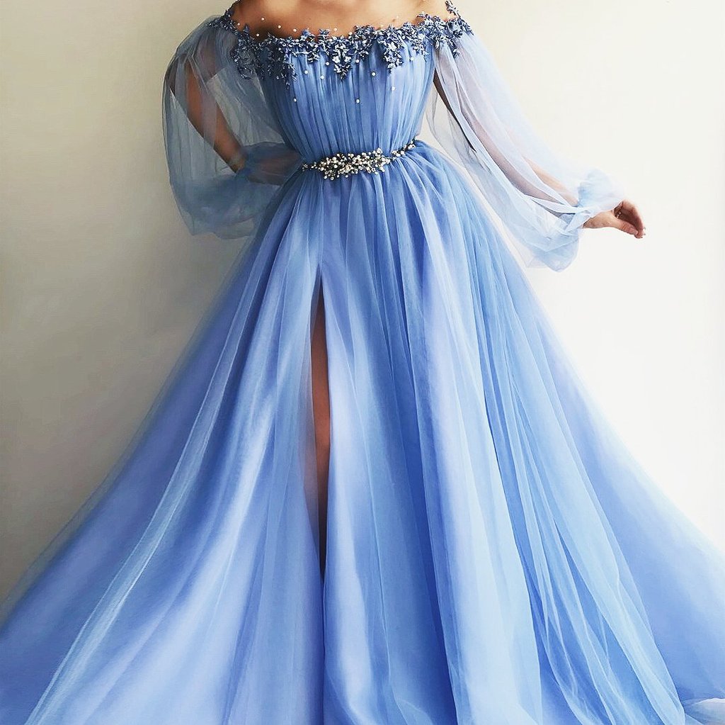 Elegant Blue Long Sleeves Off the Shoulder Beaded Crystal Side Slit Pr Promfast Elegant Blue Long Sleeves Off the Shoulder Beaded Crystal Side Slit Pr Promfast