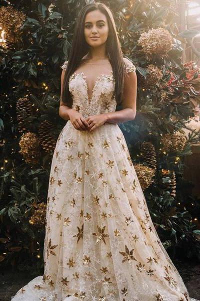 Cap Sleeve A Line Long Lace Prom Dresses With Gold Stars
