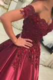 Ball Gown Burgundy Sleeveless Off the Shoulder Lace Applique Prom Dresses PFP0190