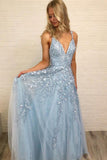 Sky Blue Lace Appliques Straps Long V Neck Prom Dresses