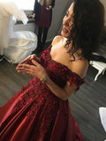 Ball Gown Burgundy Sleeveless Off the Shoulder Lace Applique Prom Dresses PFP0190