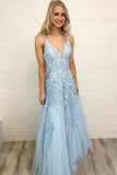 Sky Blue Lace Appliques Straps Long V Neck Prom Dresses PFP0693