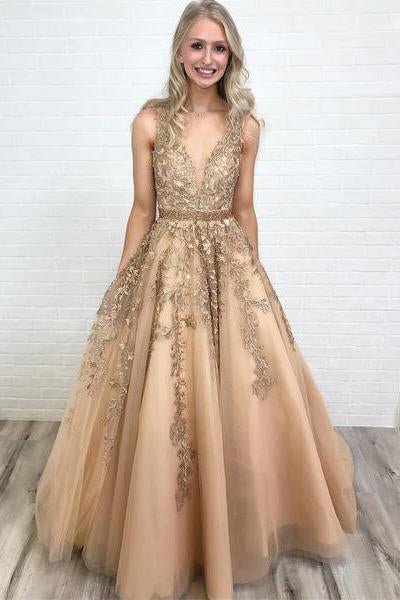 A Line V Neck Long Lace Applique Prom Dresses Cheap Ball Gown