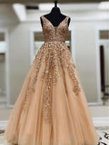 A Line V Neck Long Lace Applique Prom Dresses Cheap Ball Gown PFP0694