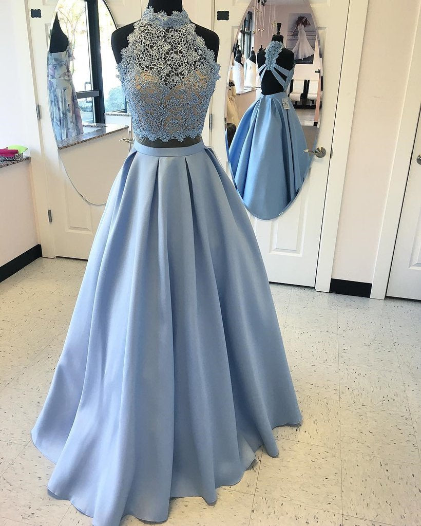 high neck prom dress 2 Piece Satin High Neck Prom Gown,Floor Length Prom Dress With Lace To – Promfast