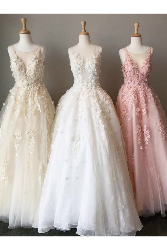 A Line Long Lace Applique Prom Dresses Cheap Tulle Evening Dresses 