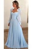Light Blue A Line Long Chiffon Prom Dresses with Sleeves Modest Forma Evening Dress
