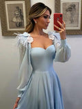 Light Blue A Line Long Chiffon Prom Dresses with Sleeves Modest Forma Evening Dress PFP0696