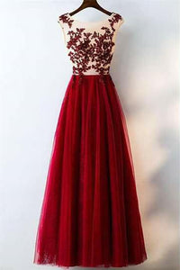 Charming Red A Line Long Tulle Lace Appliques Prom Dresses PFP0196