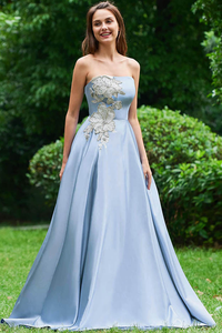 A Line Strapless Sky Blue Satin Long Prom Dresses With Appliques PFP0195