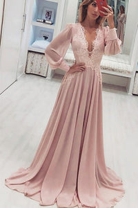 Fashion A-Line V-Neck Long Pink Prom Dress with Long Sleeves Appliques