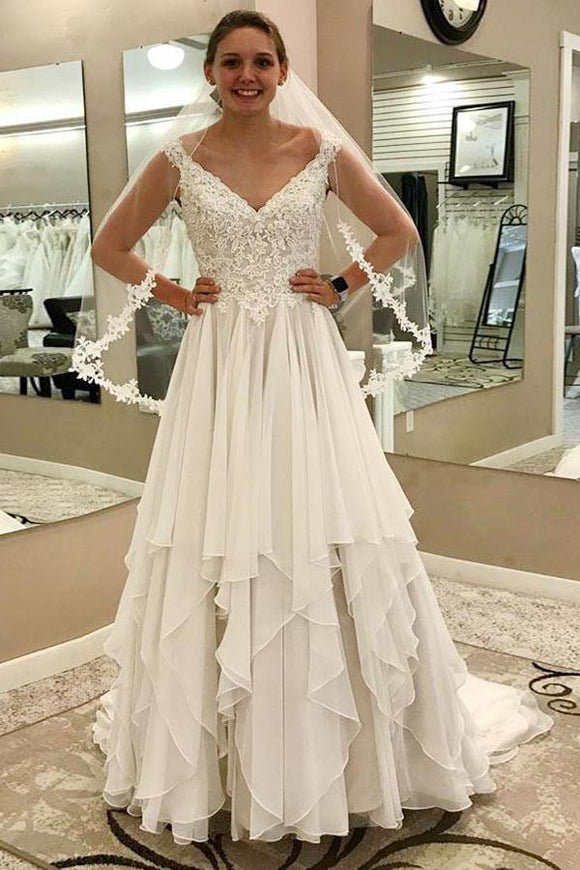 Cheap A-Line V-Neck Chiffon Ivory Wedding Dress with Lace PFW0009