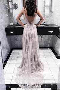 Charming A-Line Spaghetti Straps Backless Long Prom Dress with Appliques