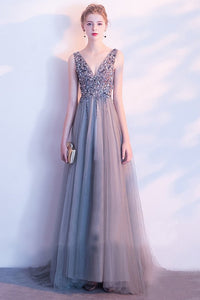 Elegant A Line Sequin Tulle Long V Neck Sleeveless Prom Dresses PFP0198