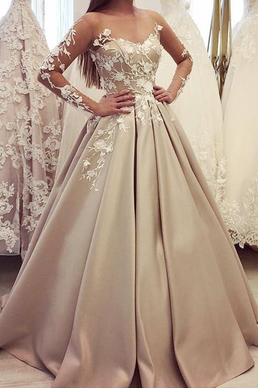 Gorgeous Bateau A Line Appliques Prom Dress with Long Sleeves 