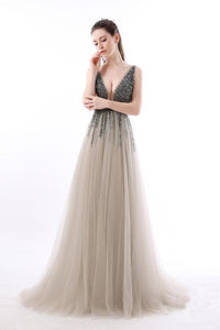 Sexy A Line Sequin Tulle Long V Neck Backless Formal Prom Dresses PFP0199