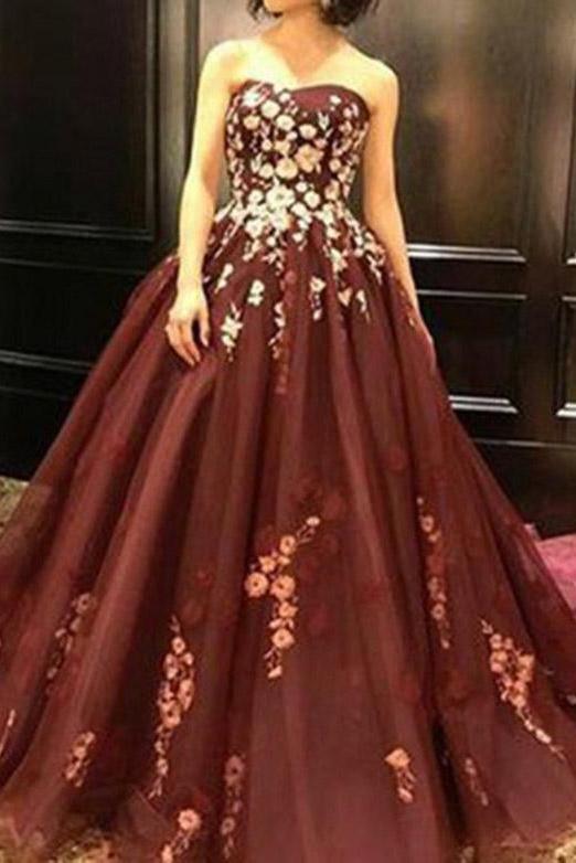 Strapless Burgundy Sleeveless Long Prom Dress with Appliques