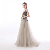 Sexy A Line Sequin Tulle Long V Neck Backless Formal Prom Dresses PFP0199