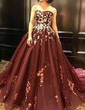 Strapless Burgundy Sleeveless Long Prom Dress with Appliques PFP0702