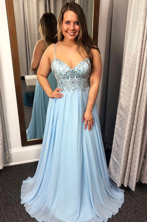 A Line Sky Blue Chiffon Prom Dress, Beaded Evening Party Dresses