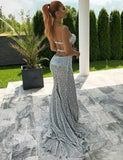 Sexy Mermaid Sweetheart Backless Silver Prom Dress with Split Beading PFP0703