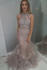 Stunning High Neck Blush Two Piece Prom Dress with Beading