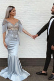 Mermaid V-Neck Short Sleeve Appliques Long Grey Prom Dress