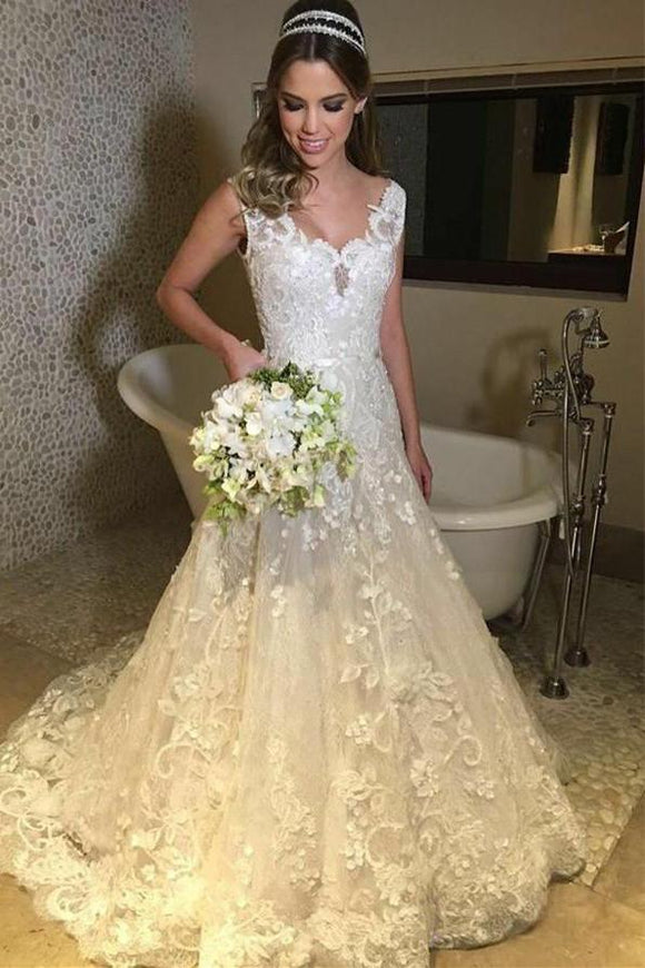 Elegant Tulle V-neck Sweep Train A-line Lace Long Wedding Dresses PFW0067