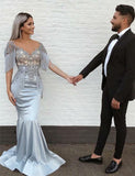 Mermaid V-Neck Short Sleeve Appliques Long Grey Prom Dress PFP0705