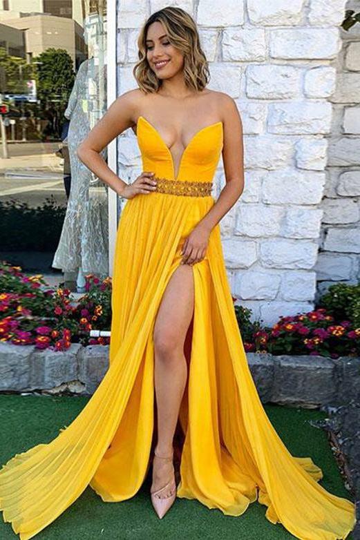 Strapless Long Yellow Prom Dress with Beading Split Evening Gown 