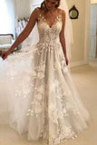 Elegant A-line V-neck Tulle Floor Length Wedding Dresses With Lace Appliques PFW0068