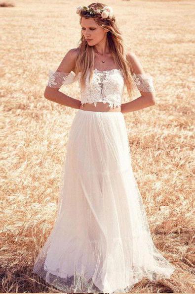 Two Piece Off the Shoulder Cheap Tulle Beach Wedding Dresses PFW0069