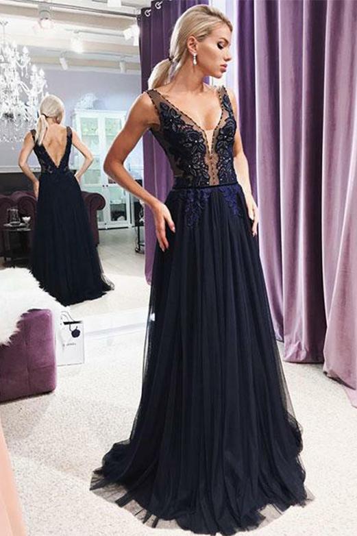V-Neck Backless Evening Gown with Appliques Dark Navy Prom Dress