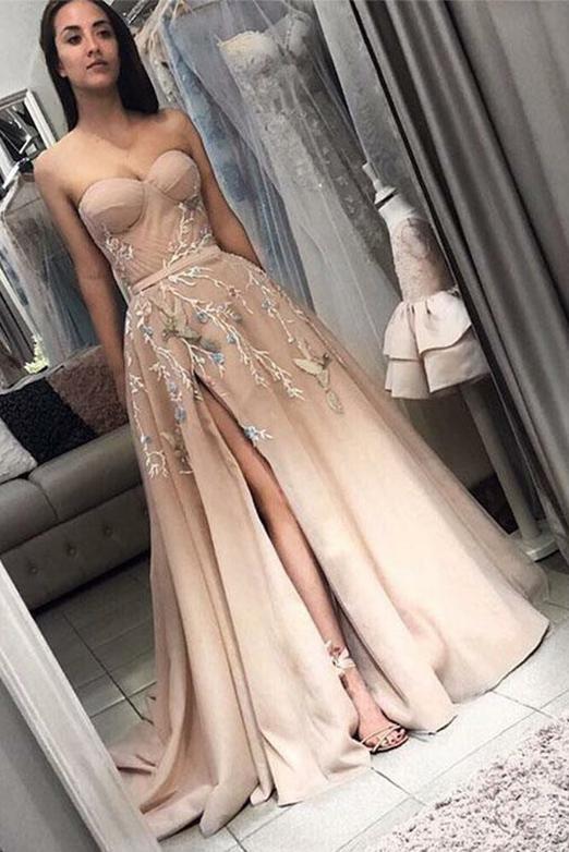 Elegant Sweetheart Long Split Prom Dress with Appliques A Line Evening Dress
