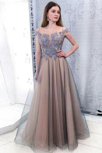 Cap Sleeves Bateau Long Tulle Beading Prom Dress with Appliques 
