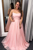 A Line Pink Spaghetti Straps Prom Dress, Long Evening Party Dresses