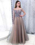Cap Sleeves Bateau Long Tulle Beading Prom Dress with Appliques PFP0709
