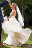 Simple V Neckline A-line Backless Ivory A Line Beach Wedding Dress PFW0070