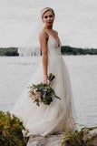 Simple V Neckline A-line Backless Ivory A Line Beach Wedding Dress PFW0070