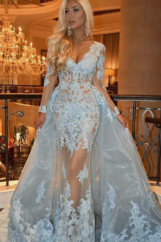 Detachable V-Neck Long Sleeve Prom Dress with Lace Appliques Light Blue Evening Gown
